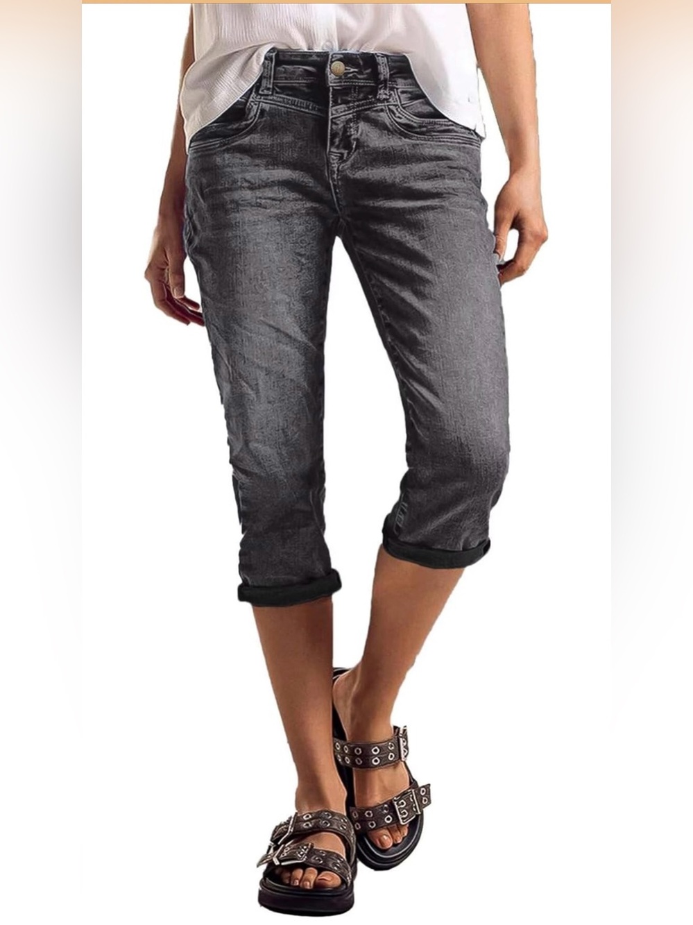 Flamingals Wash Roll Hem High Rise Straight Leg Capri Jeans